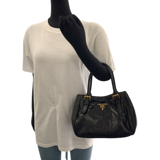 PRADA Tote Bag BN1867 leather Black GoldMetal Tote Bag Shoulder Bag Handbag Vittello Shine ribbon Women Used Authentic