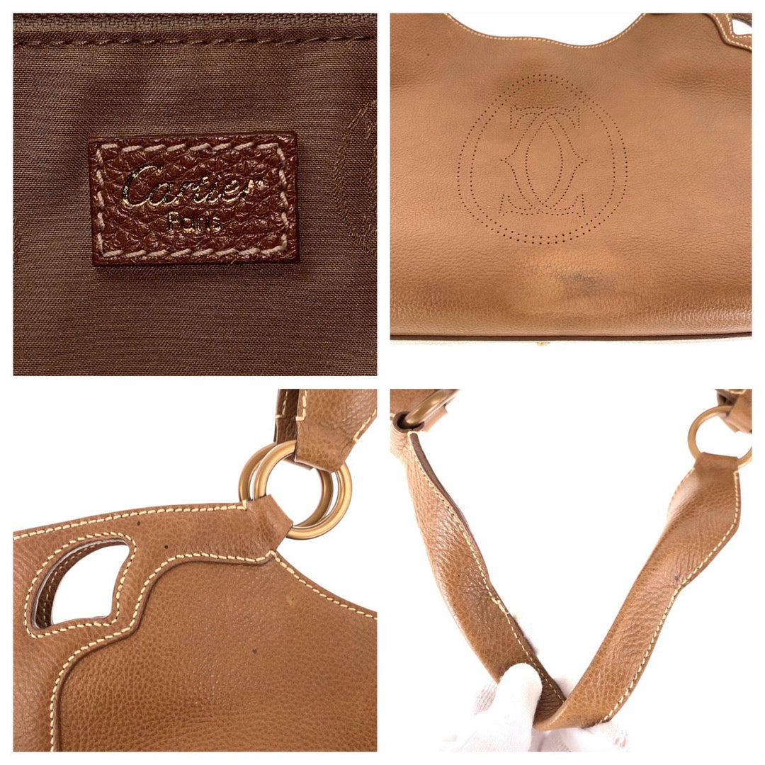 CARTIER Handbag leather Brown Gold Metal Handbag Shoulder Bag Marcello Women Used Authentic