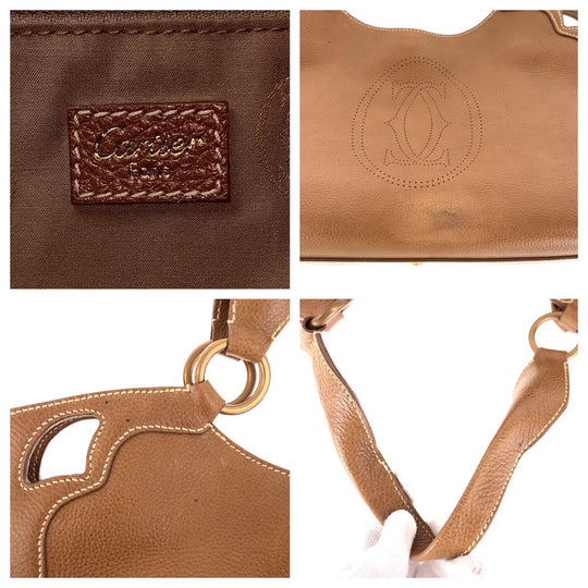 CARTIER Handbag leather Brown Gold Metal Handbag Shoulder Bag Marcello Women Used Authentic