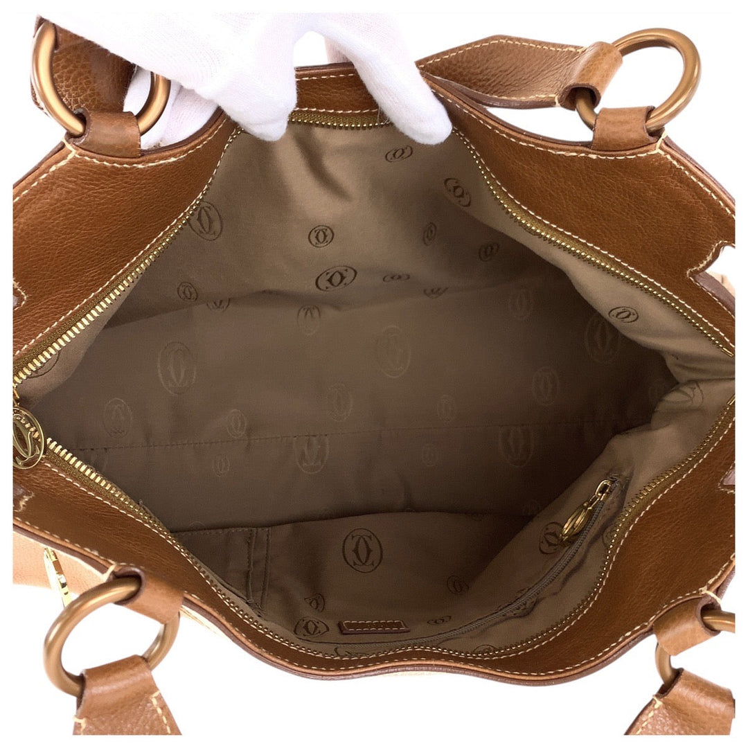 CARTIER Handbag leather Brown Gold Metal Handbag Shoulder Bag Marcello Women Used Authentic