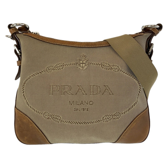 PRADA Shoulder Bag Canvas, Leather Beige Brown SilverMetal Crossbody Shoulder Bag Messenger Bag Logo jacquard Women Used Authentic