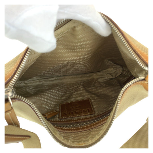 PRADA Shoulder Bag Canvas, Leather Beige Brown SilverMetal Crossbody Shoulder Bag Messenger Bag Logo jacquard Women Used Authentic