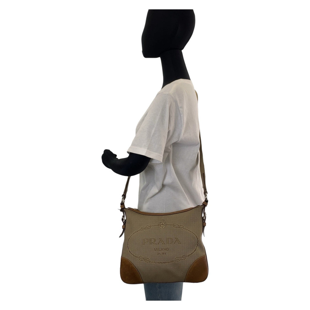 PRADA Shoulder Bag Canvas, Leather Beige Brown SilverMetal Crossbody Shoulder Bag Messenger Bag Logo jacquard Women Used Authentic