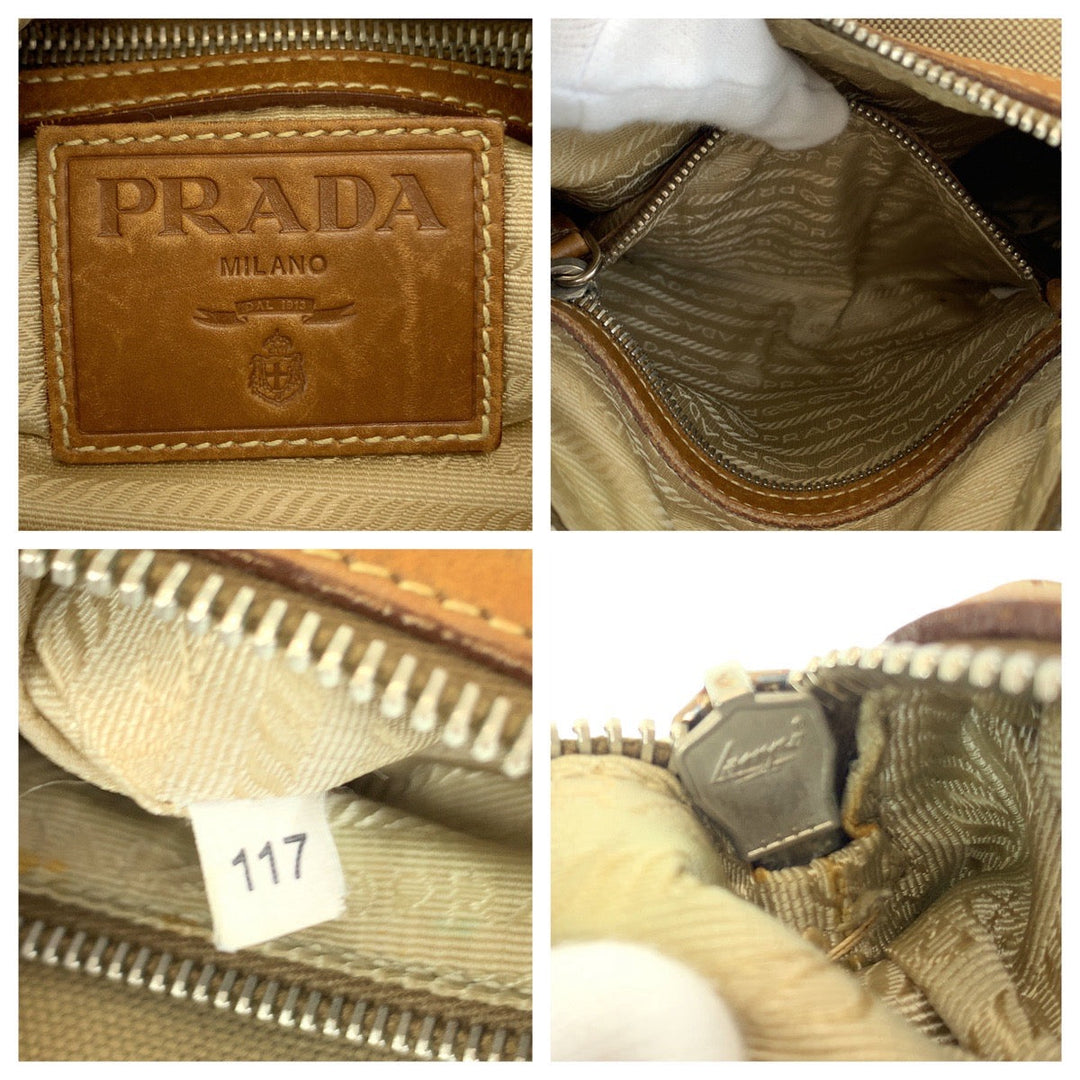 PRADA Shoulder Bag Canvas, Leather Beige Brown SilverMetal Crossbody Shoulder Bag Messenger Bag Logo jacquard Women Used Authentic