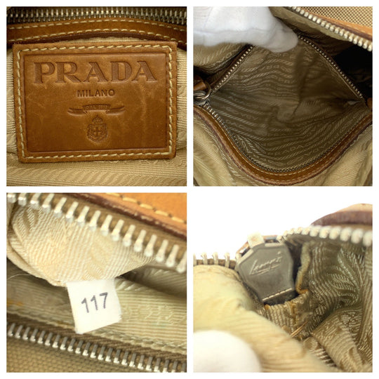PRADA Shoulder Bag Canvas, Leather Beige Brown SilverMetal Crossbody Shoulder Bag Messenger Bag Logo jacquard Women Used Authentic