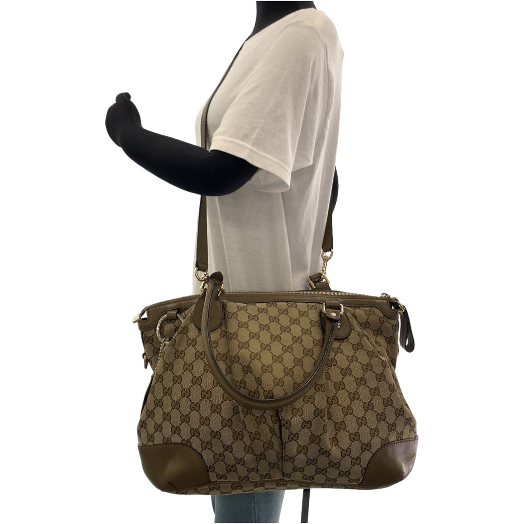 GUCCI Tote Bag 285730 GG canvas Brown Gold Metal Tote Bag Shoulder Bag Handbag Sukey Women Used Authentic