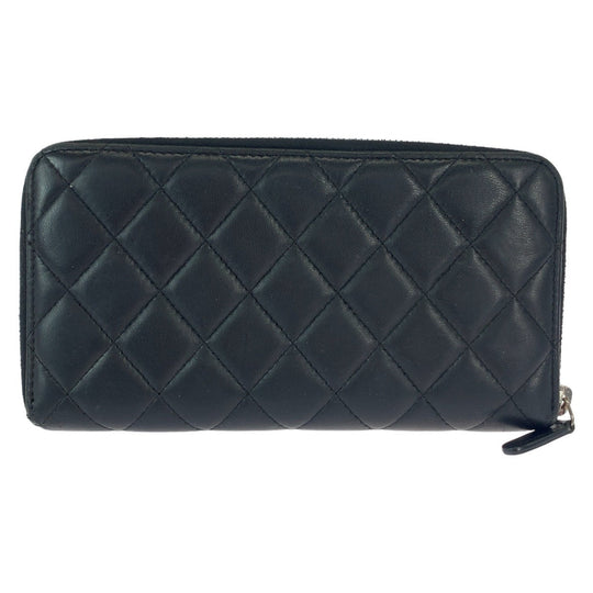 CHANEL Long Wallet Purse lambskin Black SilverMetal Long Wallet Purse Zip Around Matrasse COCO Mark Women Used Authentic