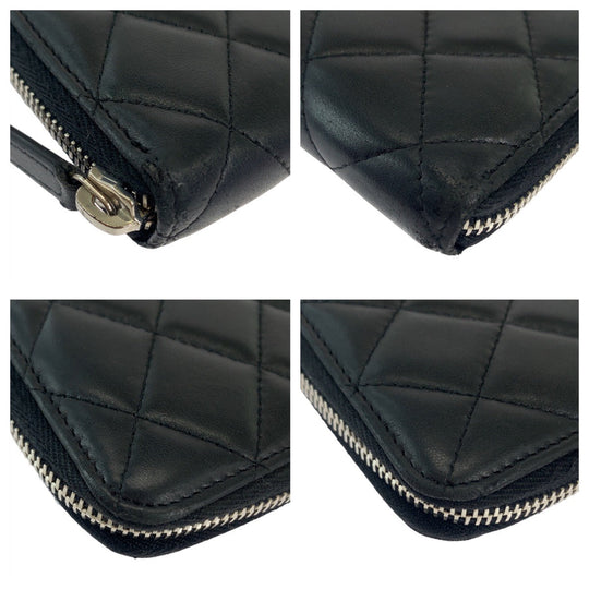 CHANEL Long Wallet Purse lambskin Black SilverMetal Long Wallet Purse Zip Around Matrasse COCO Mark Women Used Authentic