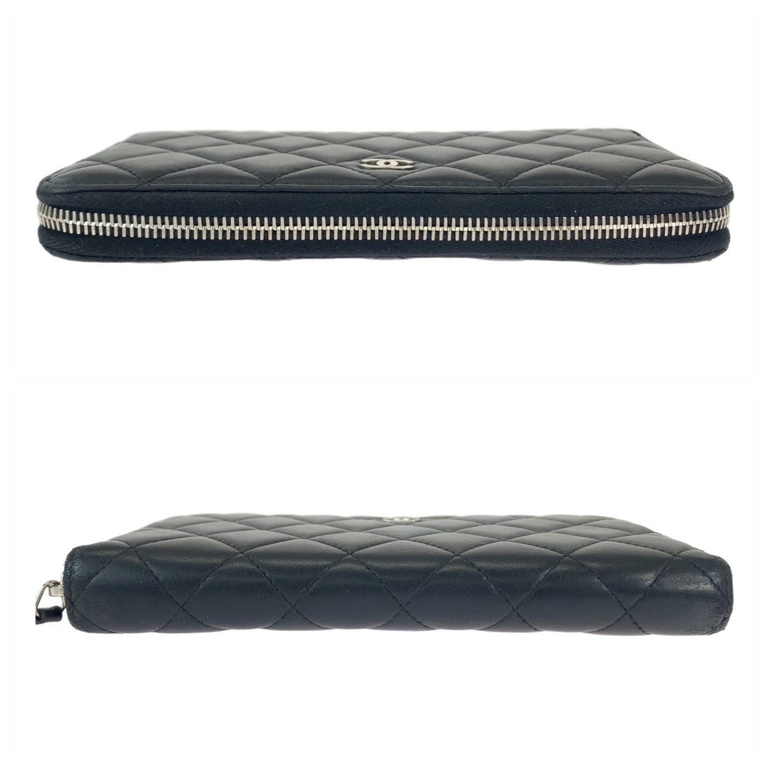 CHANEL Long Wallet Purse lambskin Black SilverMetal Long Wallet Purse Zip Around Matrasse COCO Mark Women Used Authentic