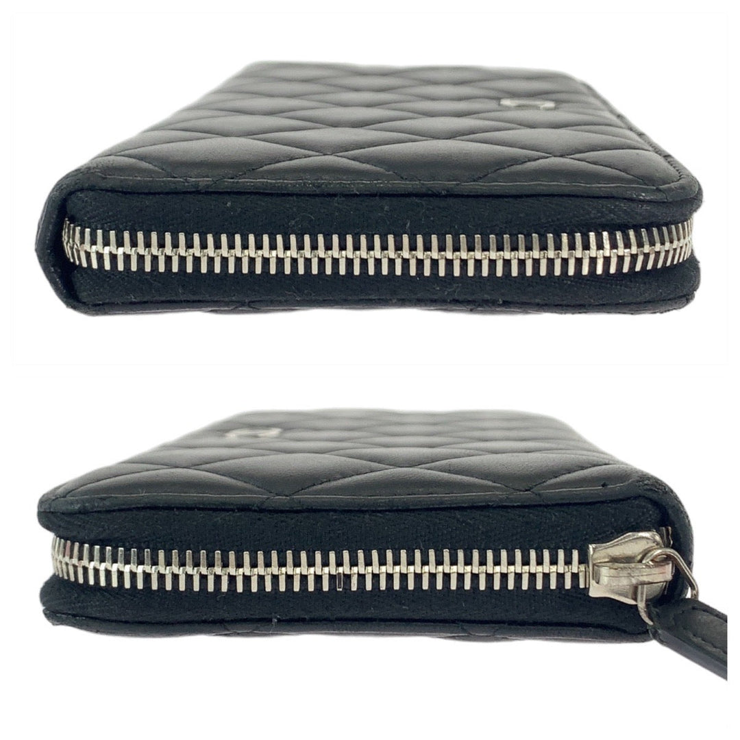 CHANEL Long Wallet Purse lambskin Black SilverMetal Long Wallet Purse Zip Around Matrasse COCO Mark Women Used Authentic