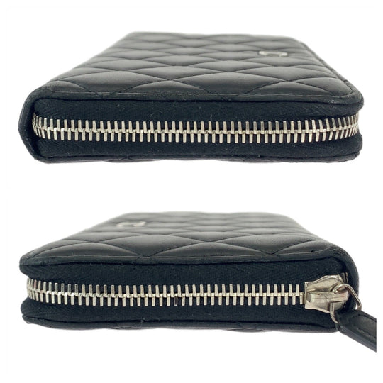 CHANEL Long Wallet Purse lambskin Black SilverMetal Long Wallet Purse Zip Around Matrasse COCO Mark Women Used Authentic