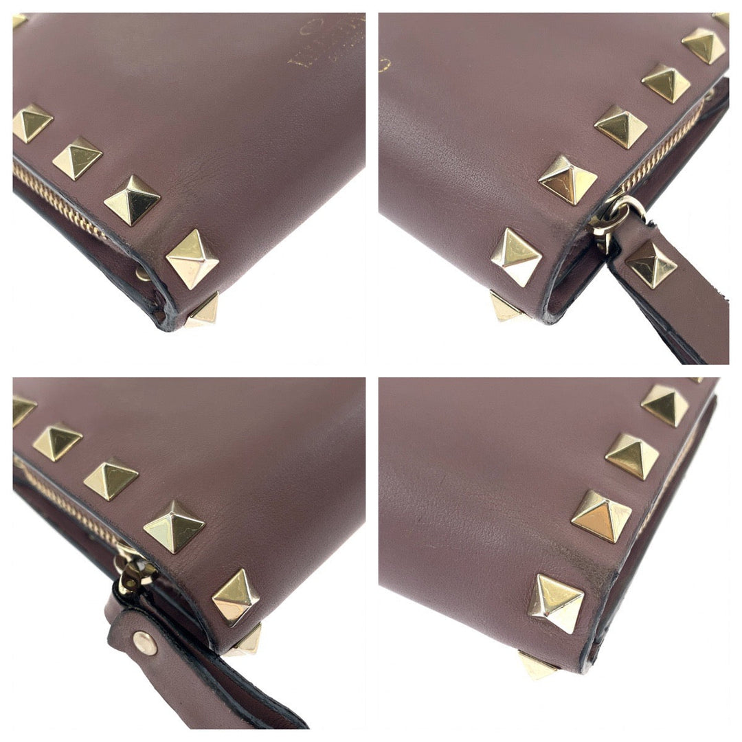 VALENTINO Bifold Wallet TW2P0620BOL416 leather Purple Gold Metal Folding wallet Compact wallet Rock studs Women Used Authentic