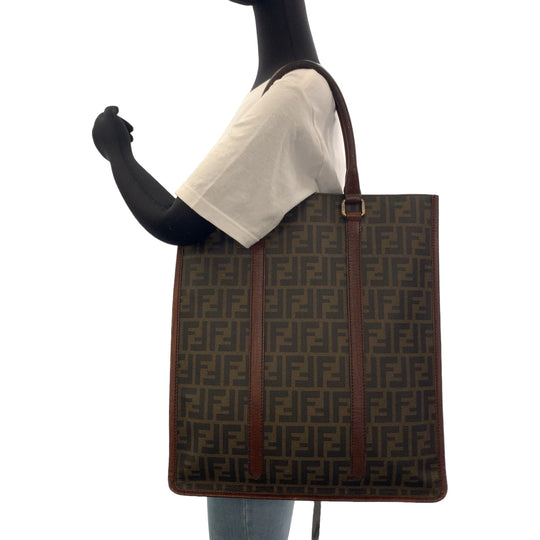 FENDI Tote Bag 7VA243 PVC Brown Silver Metal Tote Bag handbag Zucca Pattern mens Used Authentic