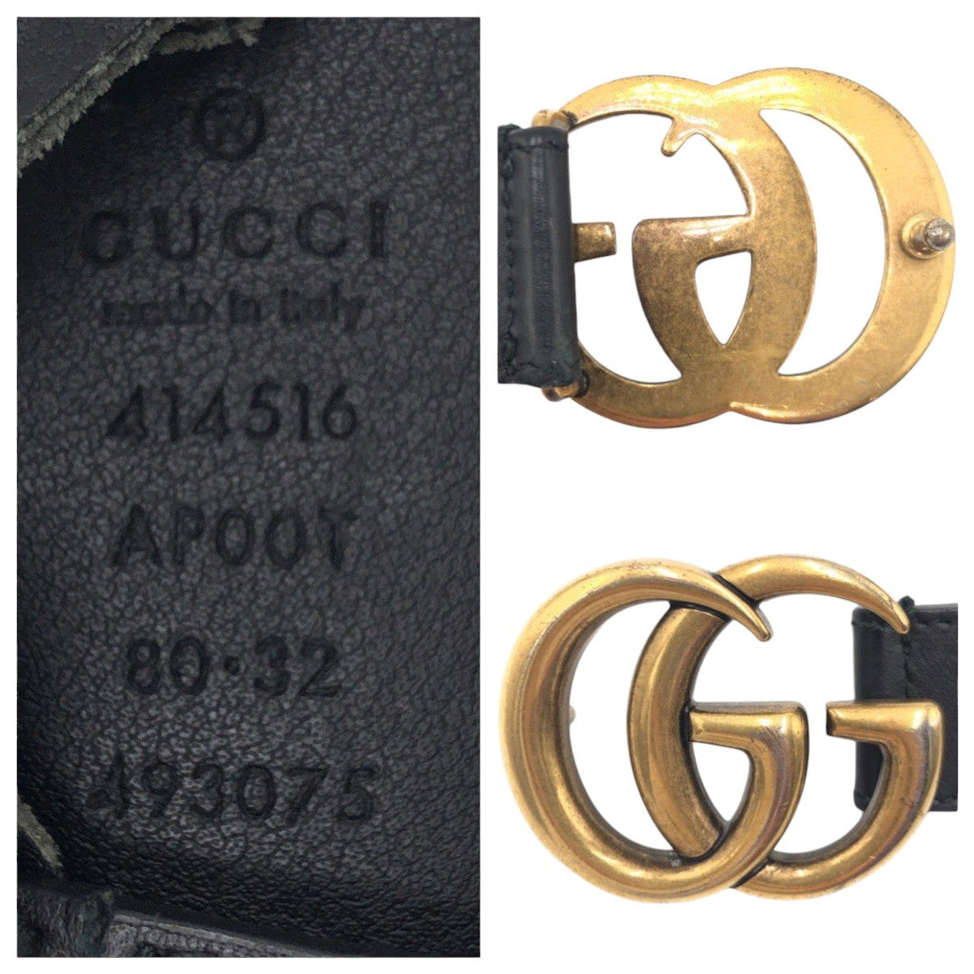 GUCCI belt 414516 AP00T Leather, Metal black black gold Belt buckle GG Marmont mens Used Authentic