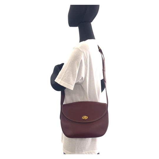 CARTIER Shoulder Bag leather Wine Red Bordeaux Gold Metal Crossbody Shoulder Bag Pochette Must Line Women Used Authentic