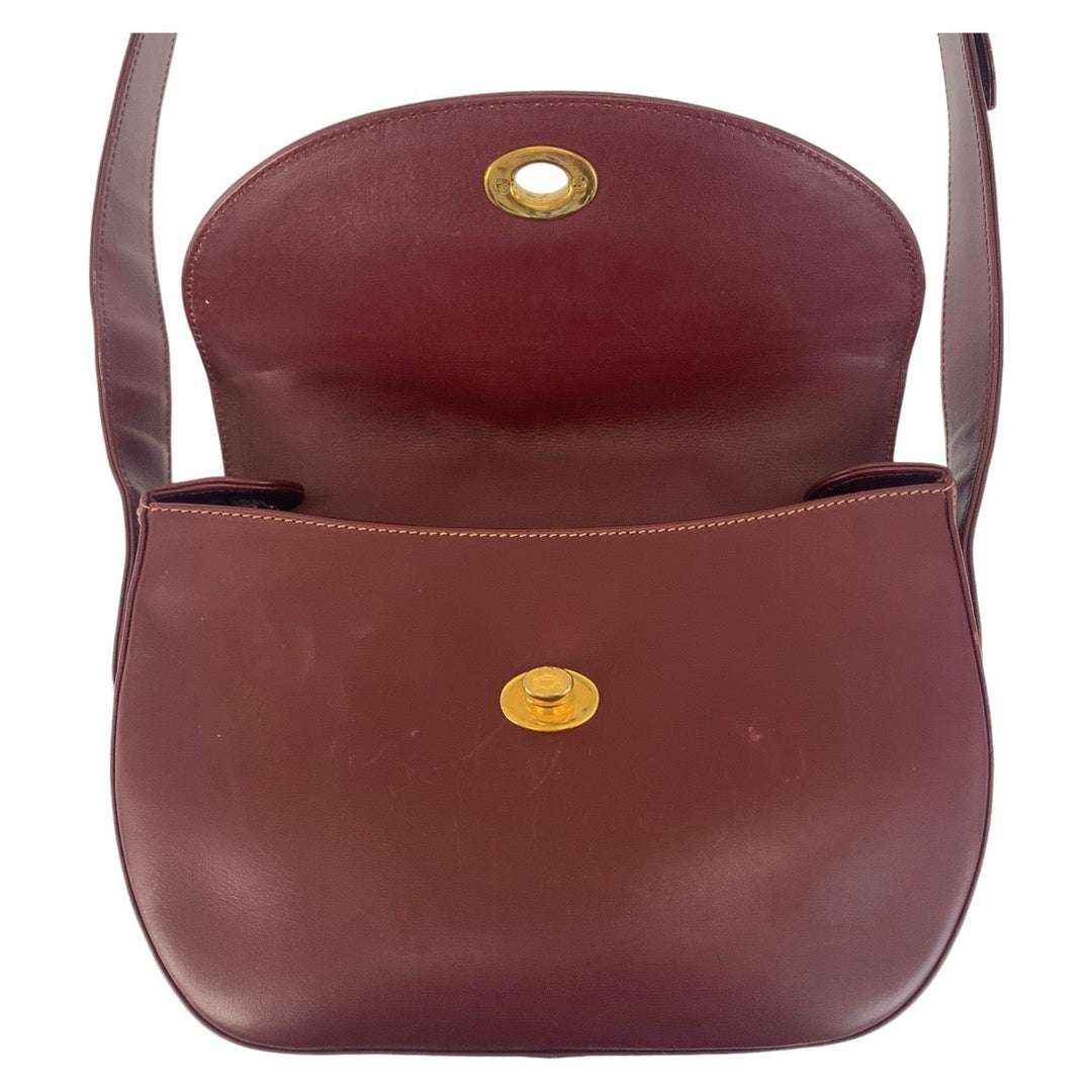 CARTIER Shoulder Bag leather Wine Red Bordeaux Gold Metal Crossbody Shoulder Bag Pochette Must Line Women Used Authentic