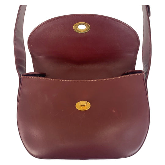 CARTIER Shoulder Bag leather Wine Red Bordeaux Gold Metal Crossbody Shoulder Bag Pochette Must Line Women Used Authentic