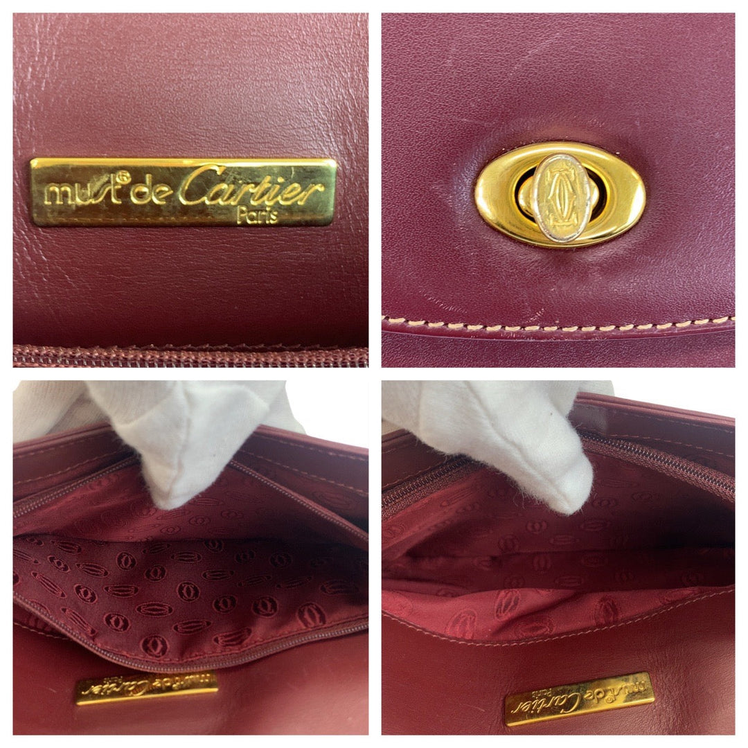 CARTIER Shoulder Bag leather Wine Red Bordeaux Gold Metal Crossbody Shoulder Bag Pochette Must Line Women Used Authentic
