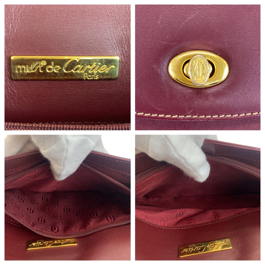 CARTIER Shoulder Bag leather Wine Red Bordeaux Gold Metal Crossbody Shoulder Bag Pochette Must Line Women Used Authentic