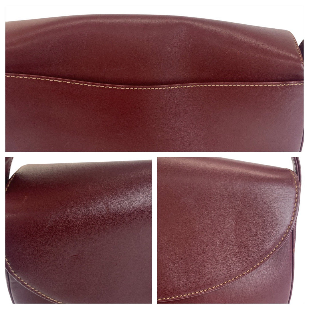 CARTIER Shoulder Bag leather Wine Red Bordeaux Gold Metal Crossbody Shoulder Bag Pochette Must Line Women Used Authentic
