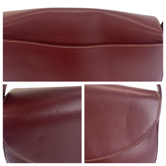 CARTIER Shoulder Bag leather Wine Red Bordeaux Gold Metal Crossbody Shoulder Bag Pochette Must Line Women Used Authentic