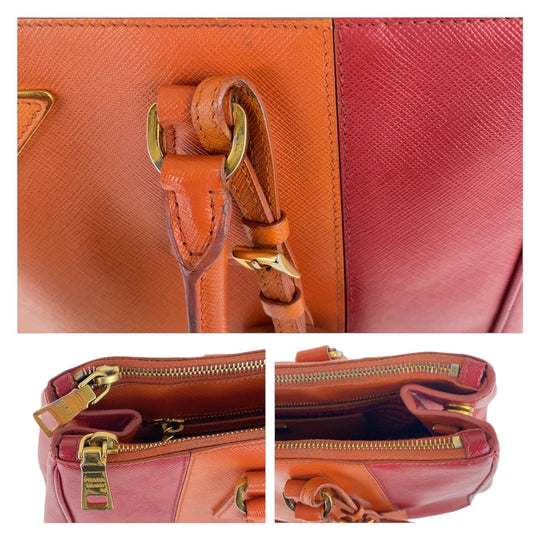 PRADA Handbag leather Orange Red Bicolor Gold Metal Handbag Tote Bag Safiano Triangle With logo Women Used Authentic