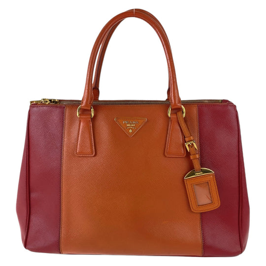 PRADA Handbag leather Orange Red Bicolor Gold Metal Handbag Tote Bag Safiano Triangle With logo Women Used Authentic