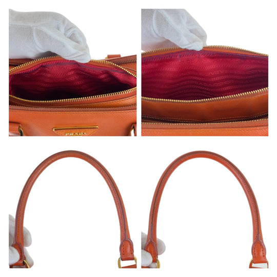 PRADA Handbag leather Orange Red Bicolor Gold Metal Handbag Tote Bag Safiano Triangle With logo Women Used Authentic