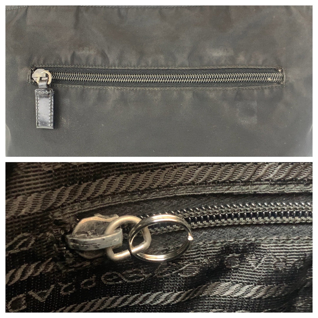 PRADA Tote Bag Nylon Black SilverMetal Tote Bag Shoulder Bag Test Triangle With logo Women Used Authentic