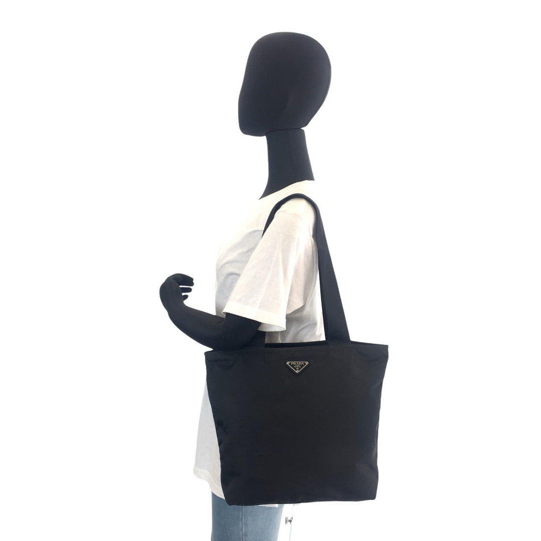 PRADA Tote Bag Nylon Black SilverMetal Tote Bag Shoulder Bag Test Triangle With logo Women Used Authentic