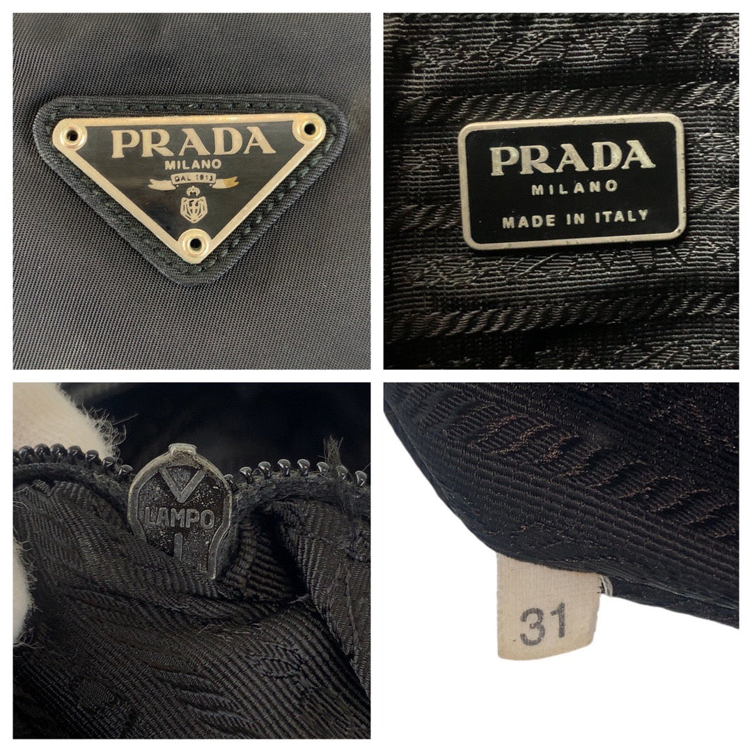 PRADA Tote Bag Nylon Black SilverMetal Tote Bag Shoulder Bag Test Triangle With logo Women Used Authentic