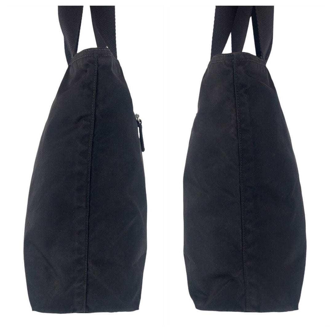 PRADA Tote Bag Nylon Black SilverMetal Tote Bag Shoulder Bag Test Triangle With logo Women Used Authentic