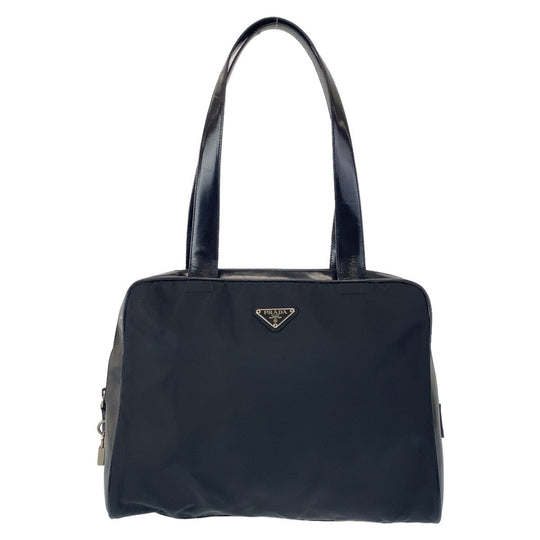 PRADA Shoulder Bag Nylon, enamel Black SilverMetal Shoulder Bag Tote Bag Test Triangle With logo Women Used Authentic