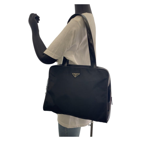 PRADA Shoulder Bag Nylon, enamel Black SilverMetal Shoulder Bag Tote Bag Test Triangle With logo Women Used Authentic