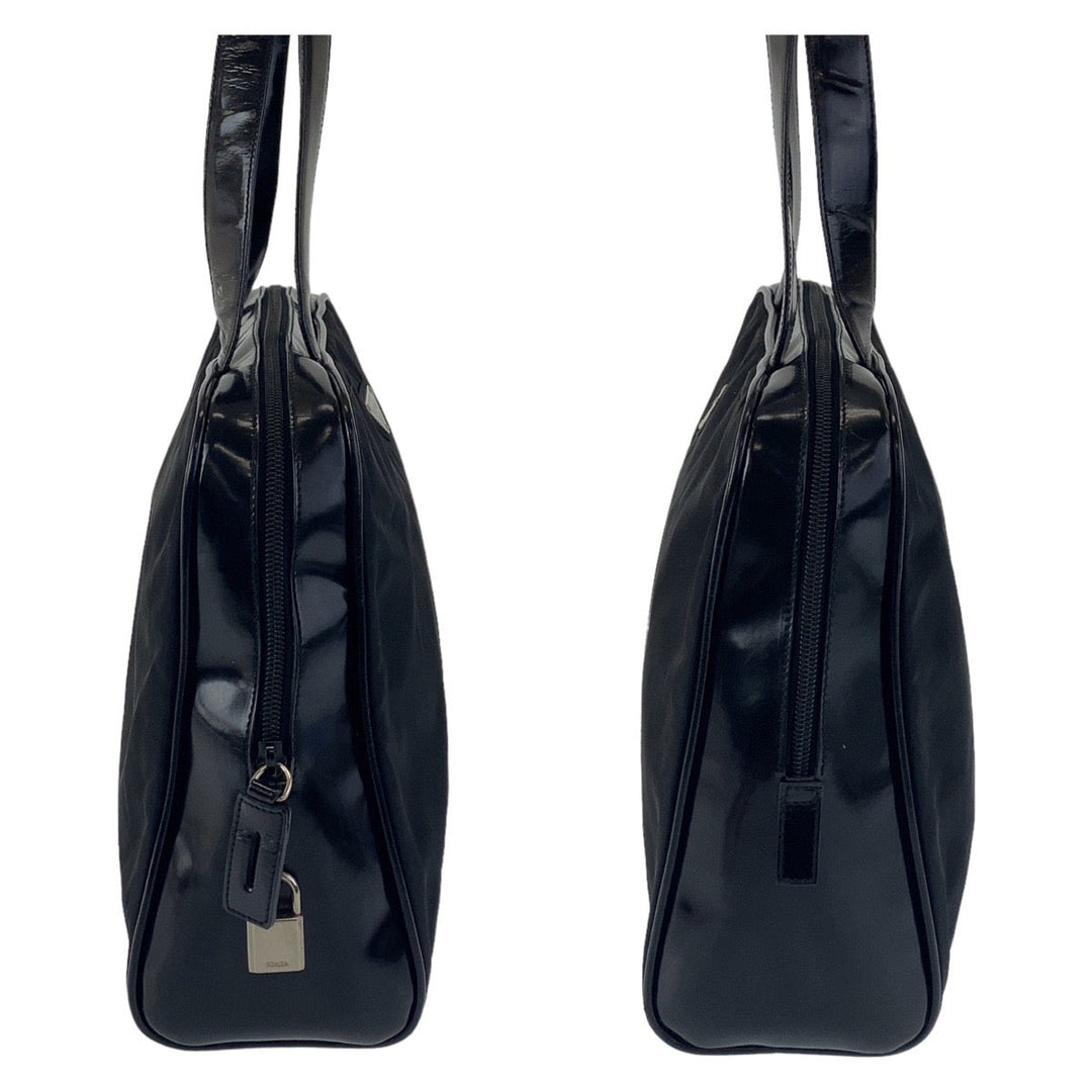 PRADA Shoulder Bag Nylon, enamel Black SilverMetal Shoulder Bag Tote Bag Test Triangle With logo Women Used Authentic