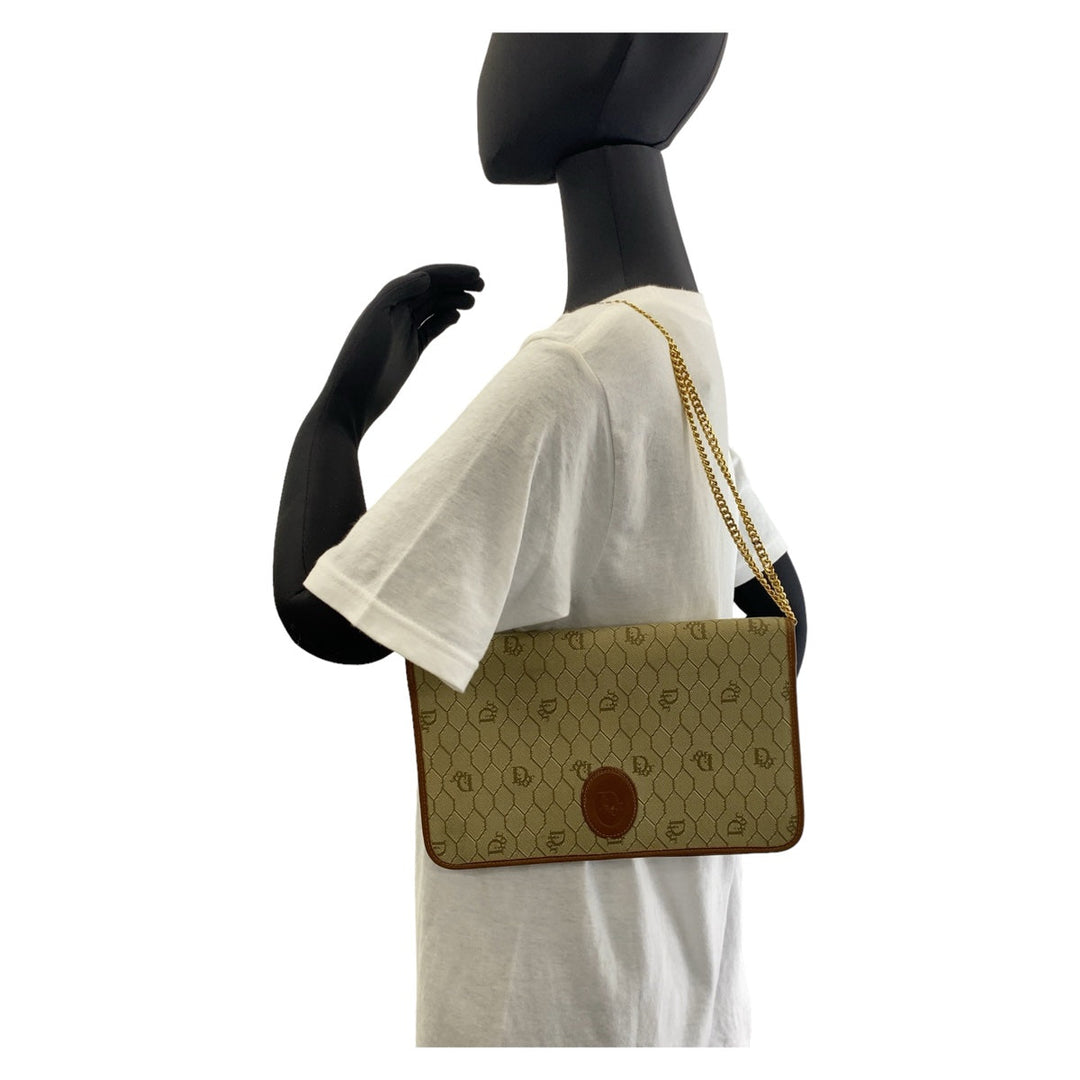 Dior Shoulder Bag canvas Beige Brown Gold Metal Shoulder Bag ChainShoulder Bag Honeycomb Pattern Women Used Authentic