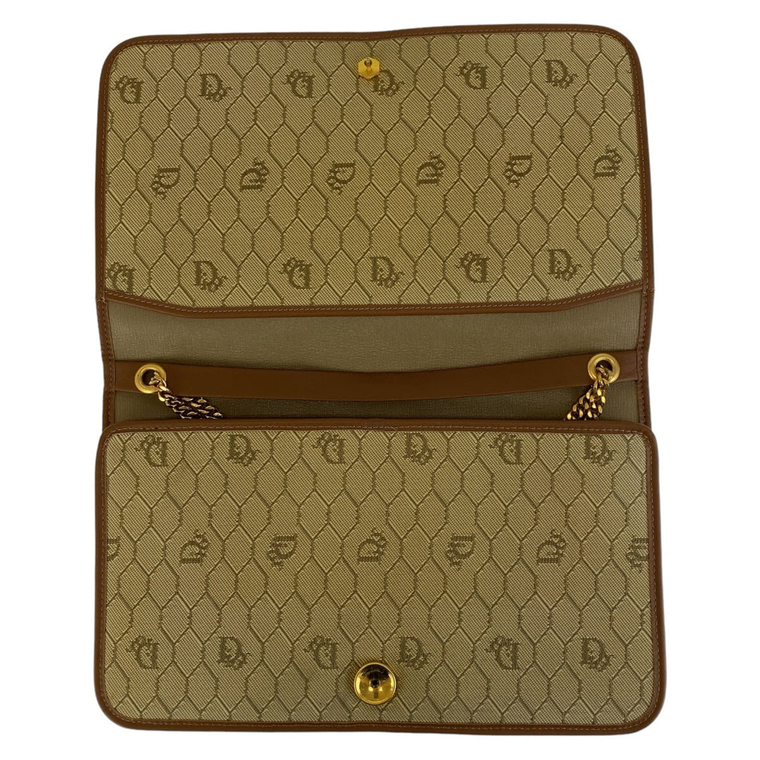 Dior Shoulder Bag canvas Beige Brown Gold Metal Shoulder Bag ChainShoulder Bag Honeycomb Pattern Women Used Authentic