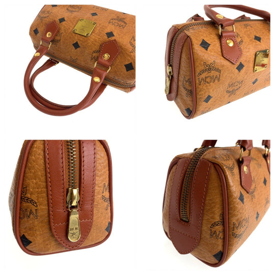 MCM Shoulder Bag HK362 leather Cognac Brown Gold Metal Shoulder Bag Mini Boston Duffel bag Handbag 2way Logogram Women Used Authentic