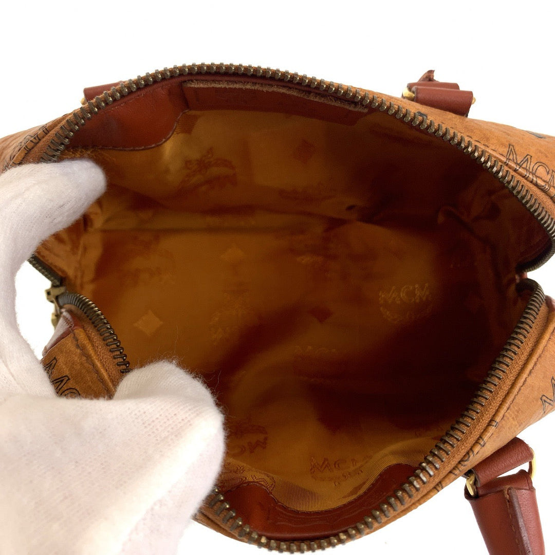 MCM Shoulder Bag HK362 leather Cognac Brown Gold Metal Shoulder Bag Mini Boston Duffel bag Handbag 2way Logogram Women Used Authentic