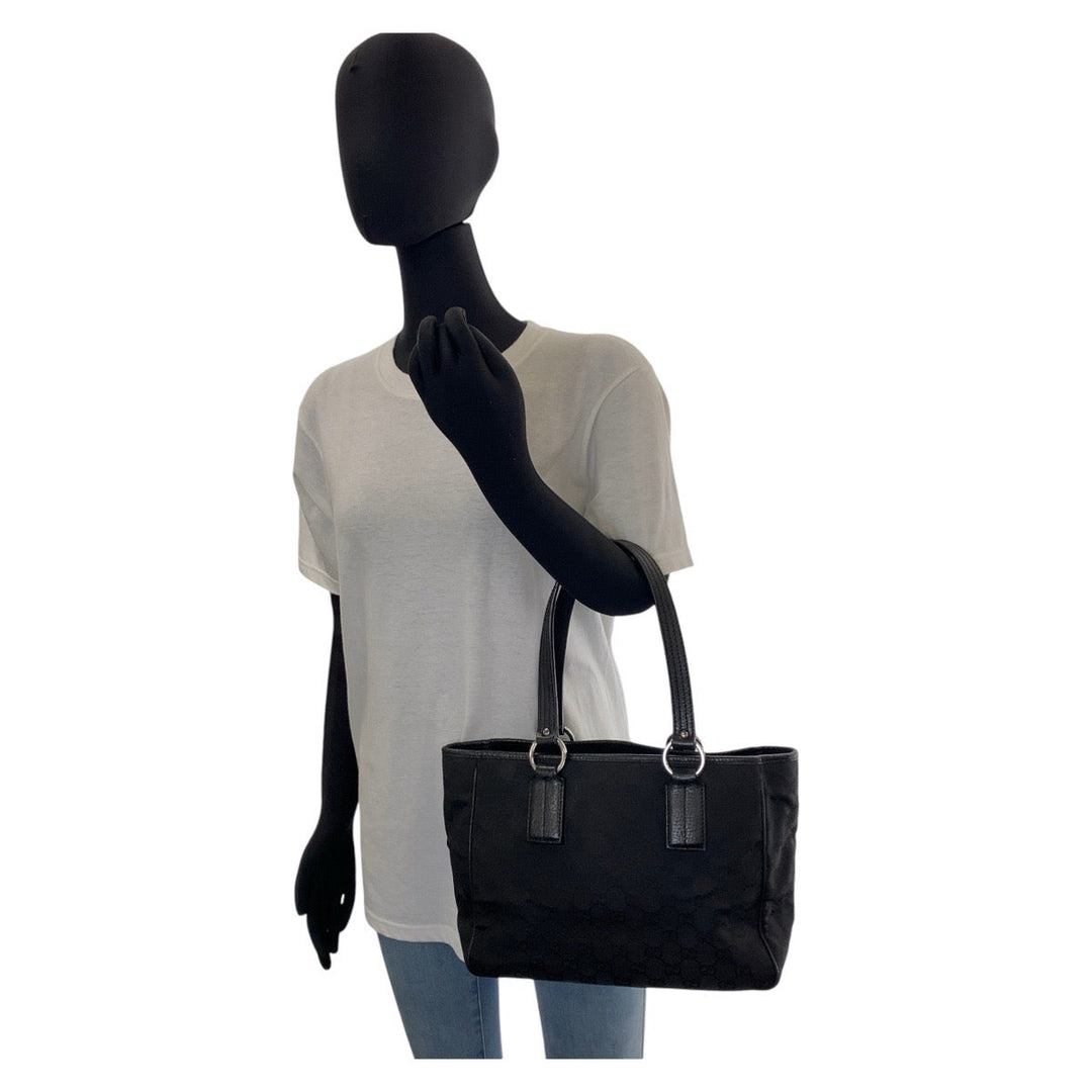 GUCCI Tote Bag 113019 GG canvas, leather Black SilverMetal Tote Bag handbag Women Used Authentic