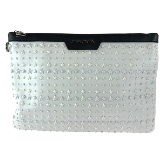 JIMMY CHOO Clutch bag leather White Black SilverMetal Clutch bag business bag DEREK Star studs mens Used Authentic