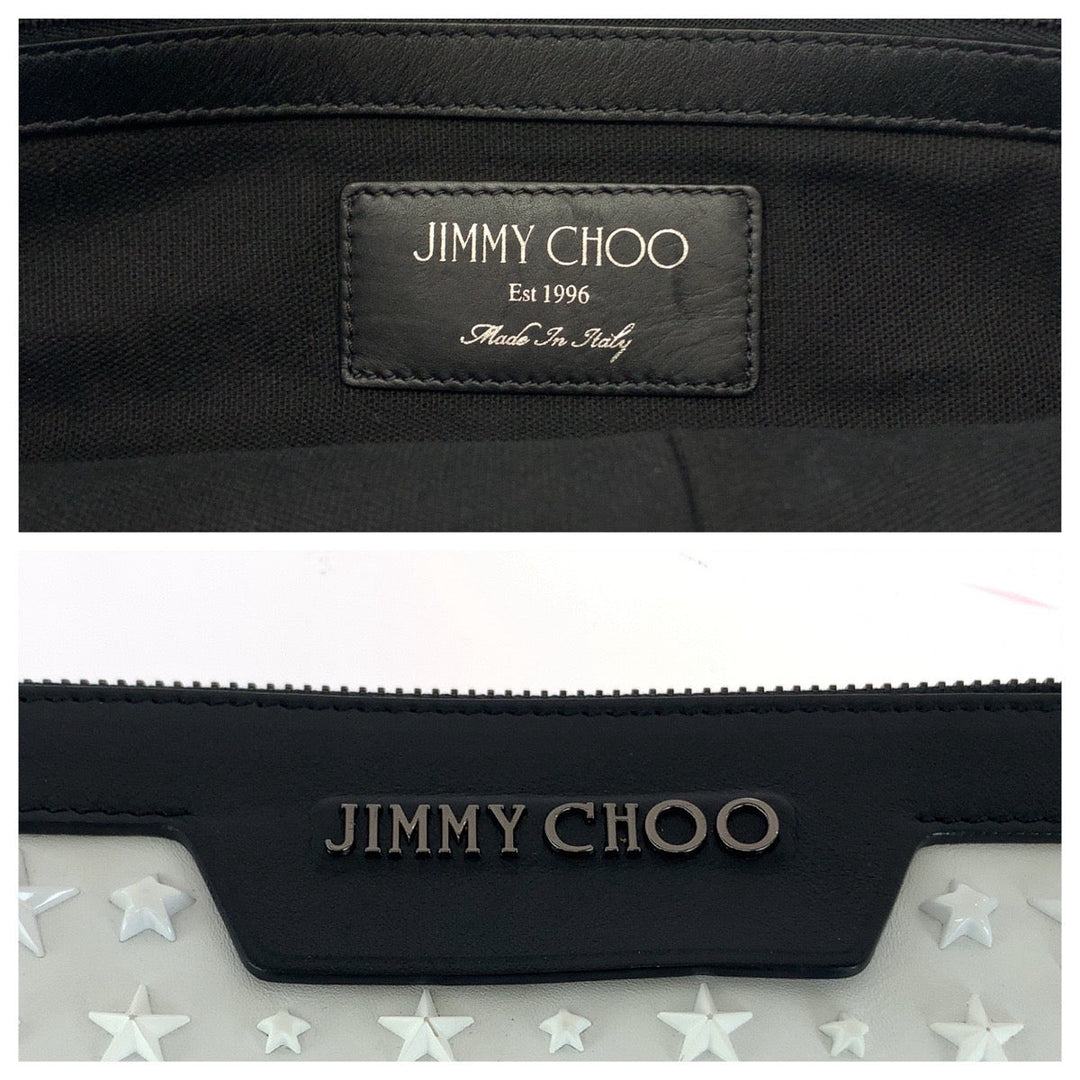 JIMMY CHOO Clutch bag leather White Black SilverMetal Clutch bag business bag DEREK Star studs mens Used Authentic