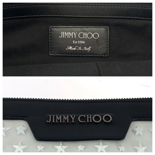 JIMMY CHOO Clutch bag leather White Black SilverMetal Clutch bag business bag DEREK Star studs mens Used Authentic