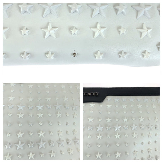 JIMMY CHOO Clutch bag leather White Black SilverMetal Clutch bag business bag DEREK Star studs mens Used Authentic