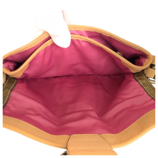 COACH Shoulder Bag C05S-8A29 leather Beige Camel Gold Metal Women Used Authentic