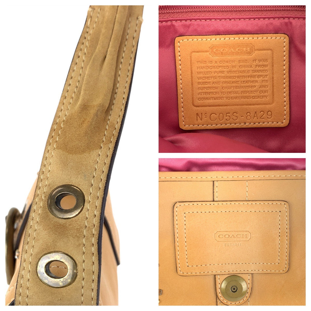COACH Shoulder Bag C05S-8A29 leather Beige Camel Gold Metal Women Used Authentic