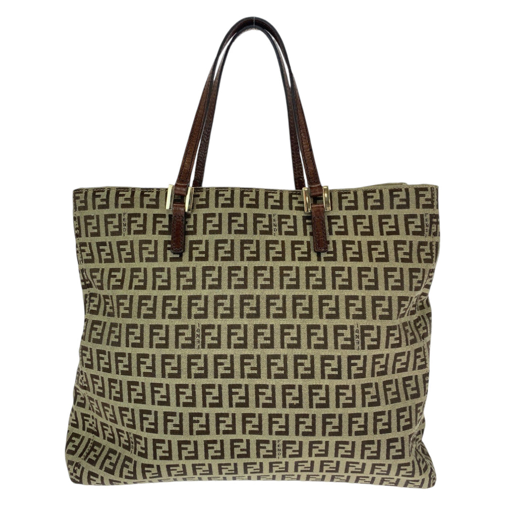 FENDI Tote Bag canvas Brown Gold Metal Tote Bag handbag Zucchino Women Used Authentic