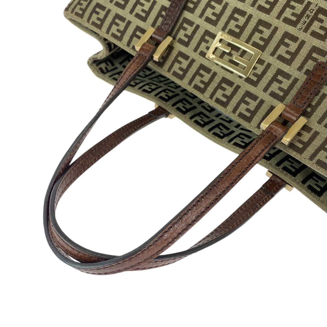 FENDI Tote Bag canvas Brown Gold Metal Tote Bag handbag Zucchino Women Used Authentic