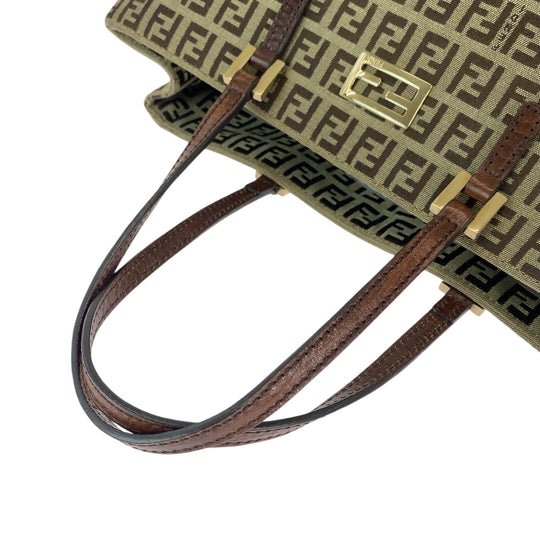FENDI Tote Bag canvas Brown Gold Metal Tote Bag handbag Zucchino Women Used Authentic