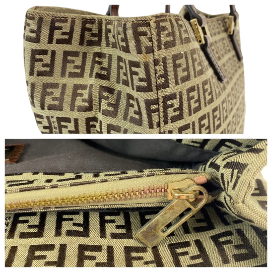 FENDI Tote Bag canvas Brown Gold Metal Tote Bag handbag Zucchino Women Used Authentic